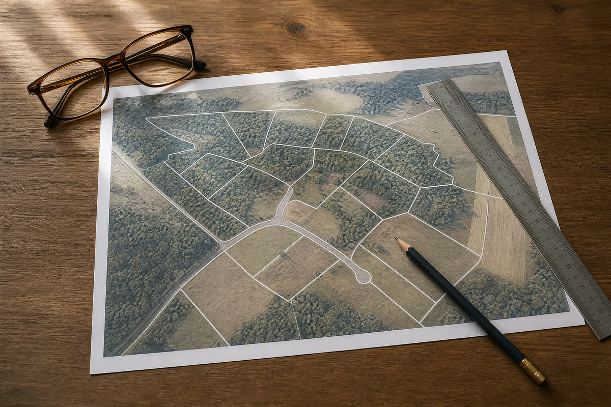 Wydrukowana mapa działek na drewnianym biurku, obok ołówek i okulary do czytania